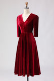 Burgundy A Line V Neck Velvet Midi Work Dress with Half Sleeves