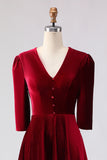 Burgundy A Line V Neck Velvet Midi Work Dress with Half Sleeves