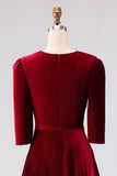 Burgundy A Line V Neck Velvet Midi Work Dress with Half Sleeves
