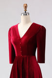 Burgundy A Line V Neck Velvet Midi Work Dress with Half Sleeves