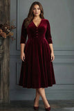 Burgundy A Line V Neck Midi Plus Size Velvet Dress with Half Sleeves