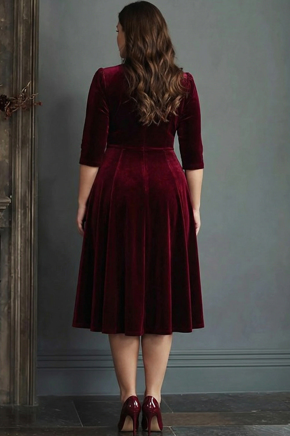 WEDTREND Women Burgundy Plus Size Velvet Dress A Line V Neck Midi Formal Dress with Half Sleeves, Burgundy / US12
