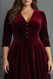 Burgundy A Line V Neck Midi Plus Size Velvet Dress with Half Sleeves