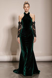 Dark Green Velvet Halter Mermaid Formal Dress (Without Sleeves)