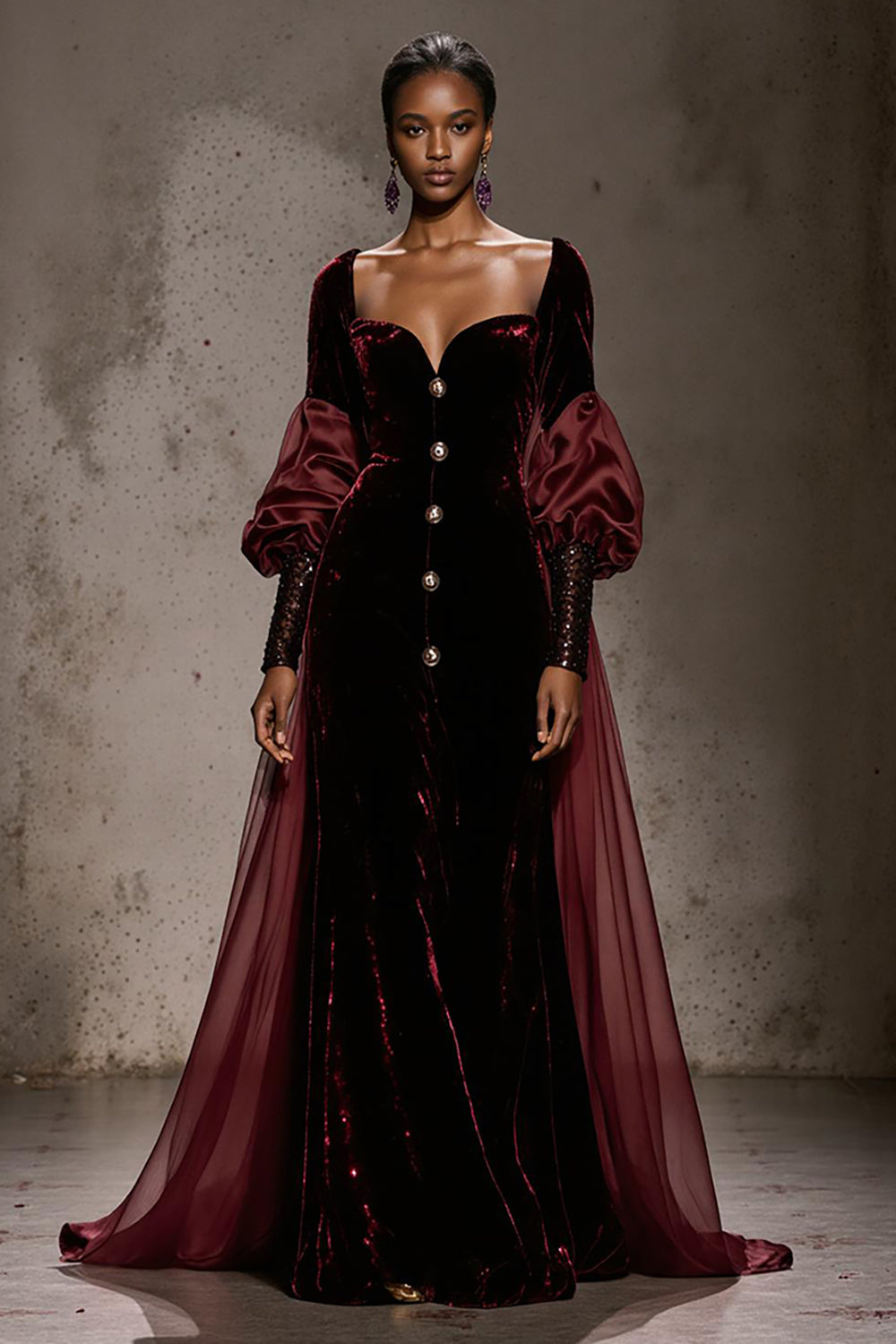 WEDTREND Women Burgundy Formal Dress Ruched Long Sleeves Velvet Gala Dress WEDTREND Women Burgundy Formal Dress Ruched Long Sleeves Velvet Gala Dress