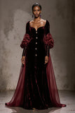 Burgundy Velvet Ruched Long Sleeves Formal Dress