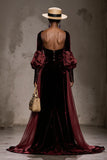 Burgundy Velvet Ruched Long Sleeves Formal Dress