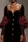 Burgundy Velvet Ruched Long Sleeves Formal Dress