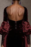 Burgundy Velvet Ruched Long Sleeves Formal Dress