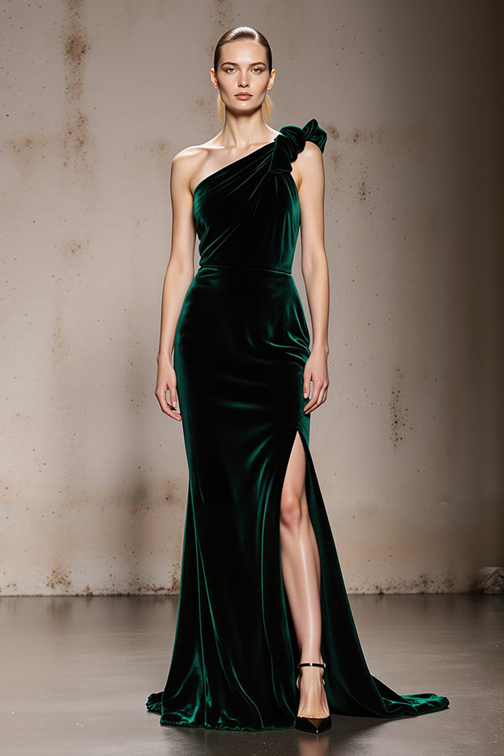WEDTREND Women Dark Green One Shoulder Formal Dress with Slit Mermaid Velvet Holiday Party Dress WEDTREND Women Dark Green One Shoulder Formal Dress with Slit Mermaid Velvet Holiday Party Dress