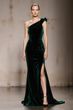 Dark Green Mermaid One Shoulder Velvet Formal Dress with Slit