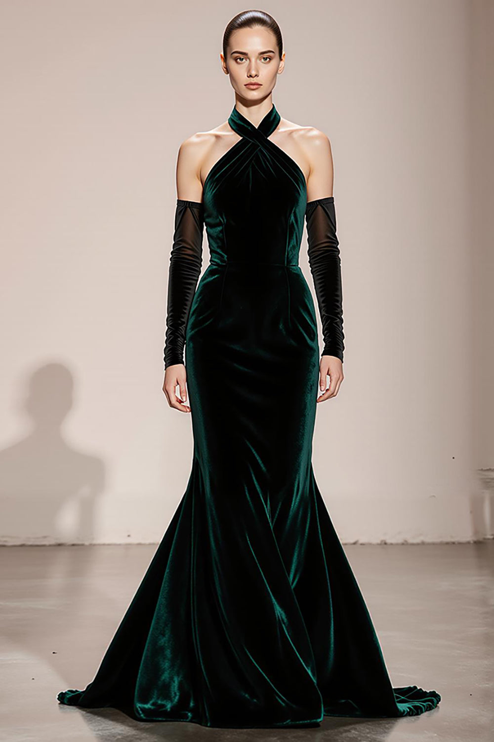 WEDTREND Women Dark Green Formal Dress Halter Velvet Mermaid Evening Dress