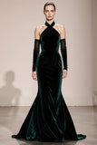 Dark Green Halter Velvet Mermaid Formal Dress