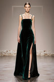 Dark Green A-Line Spaghetti Straps Velvet Formal Dress with Slit