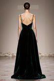Dark Green A-Line Spaghetti Straps Velvet Formal Dress with Slit