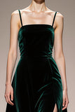 Dark Green A-Line Spaghetti Straps Velvet Formal Dress with Slit