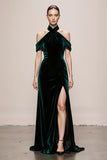 Dark Green Velvet Halter Formal Dress with Slit