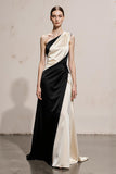 One Shoulder Black and White A-Line Maxi Formal Dress