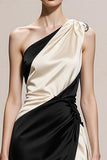 One Shoulder Black and White A-Line Maxi Formal Dress