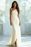 Ivory One Shoulder Ruched Sheath Maxi Formal Dress