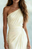 Ivory One Shoulder Ruched Sheath Maxi Formal Dress