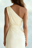 Ivory One Shoulder Ruched Sheath Maxi Formal Dress