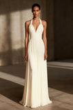 Ivory Halter Backless A-Line Maxi Evening Dress