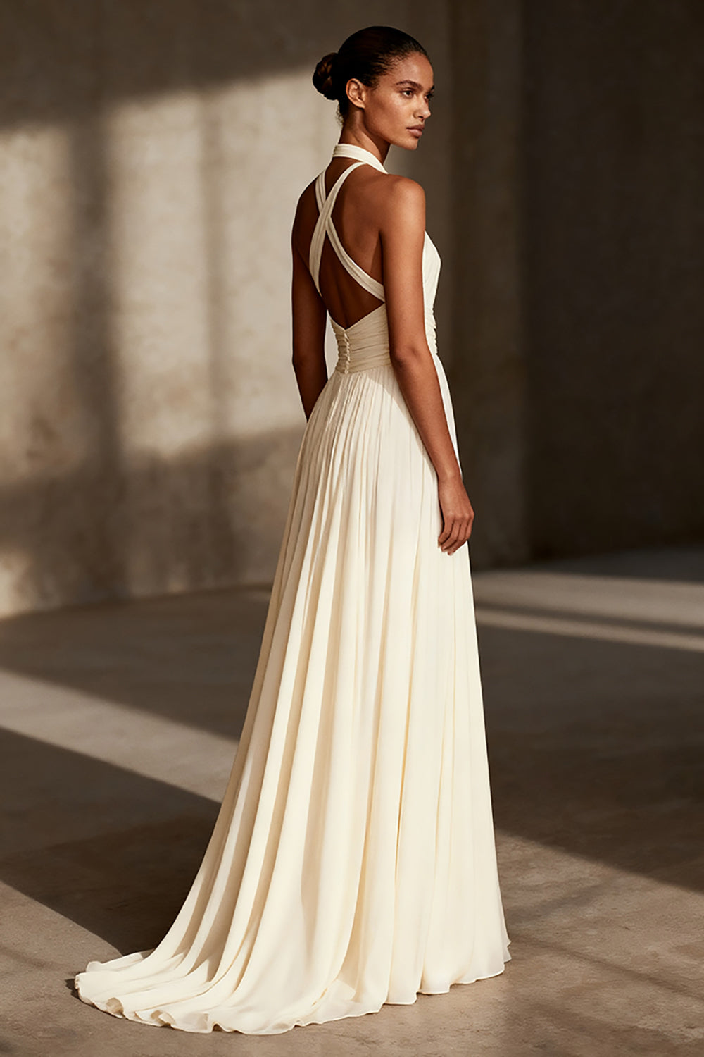 WEDTREND Women Ivory Maxi Evening Dress Halter A-Line Cross Back Ruched Beach Wedding Dress WEDTREND Women Ivory Maxi Evening Dress Halter A-Line Cross Back Ruched Beach Wedding Dress