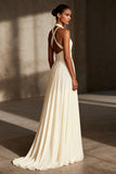 Ivory Halter Backless A-Line Maxi Evening Dress