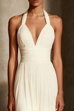 Ivory Halter Backless A-Line Maxi Evening Dress