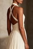 Ivory Halter Backless A-Line Maxi Evening Dress