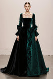 Dark Green A-Line Velvet Long Sleeves Maxi Evening Dress