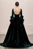 Dark Green A-Line Velvet Long Sleeves Maxi Evening Dress