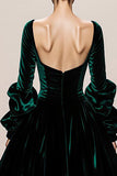 Dark Green A-Line Velvet Long Sleeves Maxi Evening Dress