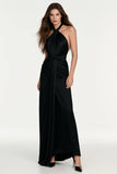 Halter A-Line Backless Ruched Black Tie Dress