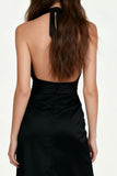 Halter A-Line Backless Ruched Black Tie Dress