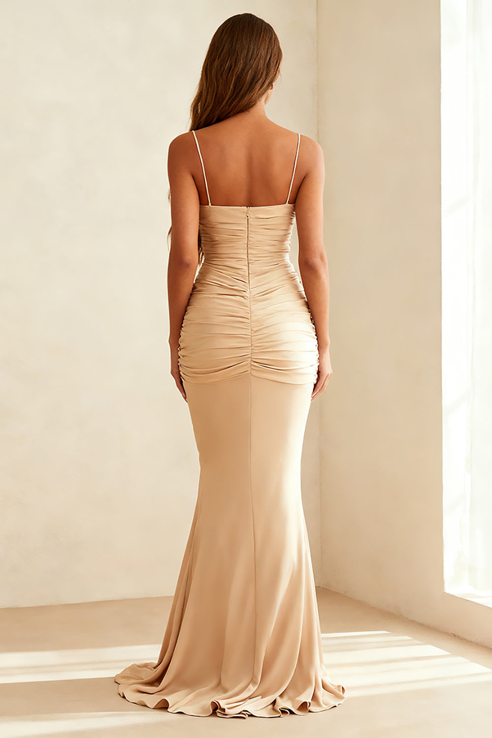 WEDTREND Women Ivory Mermaid Evening Dress Spaghetti Straps Ruched Formal Dress WEDTREND Women Ivory Mermaid Evening Dress Spaghetti Straps Ruched Formal Dress