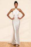 Sparkly White Mermaid Halter Evening Dress with Sash