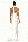 Sparkly White Mermaid Halter Evening Dress with Sash