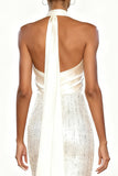 Sparkly White Mermaid Halter Evening Dress with Sash