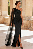 One Shoulder Ruched Mermaid Black Tie Dress with Slit