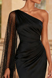 One Shoulder Ruched Mermaid Black Tie Dress with Slit