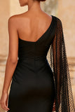 One Shoulder Ruched Mermaid Black Tie Dress with Slit