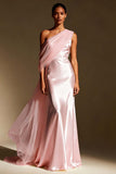 One Shoulder White Mermaid Maxi Evening Dress with Sash