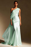 One Shoulder White Mermaid Maxi Evening Dress with Sash