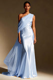 One Shoulder White Mermaid Maxi Evening Dress with Sash