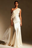One Shoulder White Mermaid Maxi Evening Dress with Sash