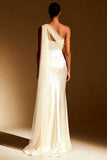 One Shoulder White Mermaid Maxi Evening Dress with Sash