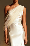 One Shoulder White Mermaid Maxi Evening Dress with Sash