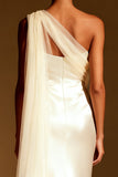 One Shoulder White Mermaid Maxi Evening Dress with Sash